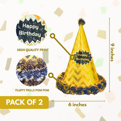 Happy Birthday Party Hats w/ Zig Zag Print & Pom Pom - 3PC