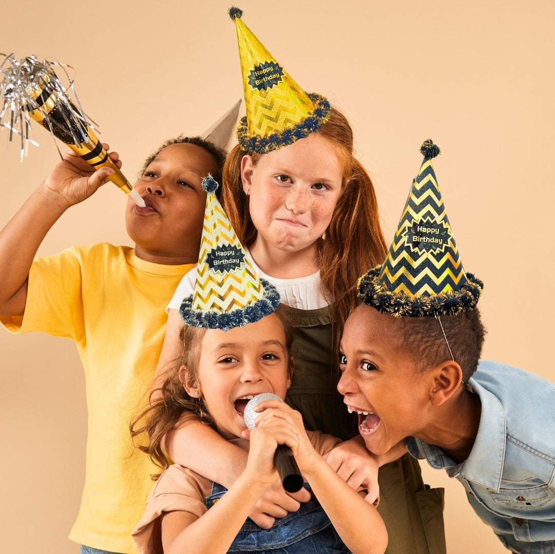 Happy Birthday Party Hats w/ Zig Zag Print & Pom Pom - 3PC