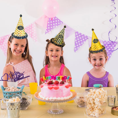 Happy Birthday Party Hats w/ Zig Zag Print & Pom Pom - 3PC