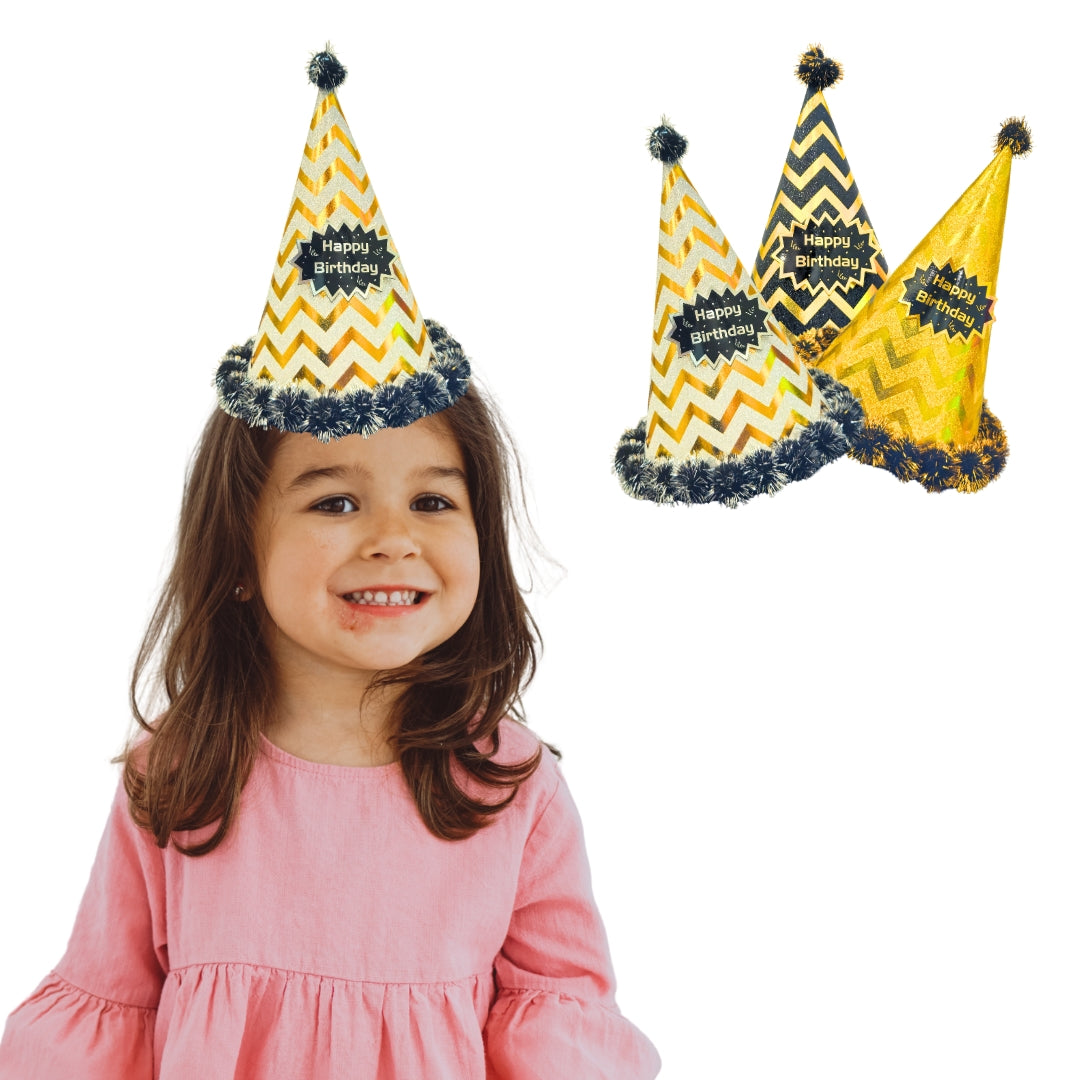 Happy Birthday Party Hats w/ Zig Zag Print & Pom Pom - 3PC
