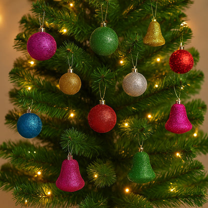 Christmas Glittery Ball & Bells for Xmas Tree Decoration Combo Kit - 12PC