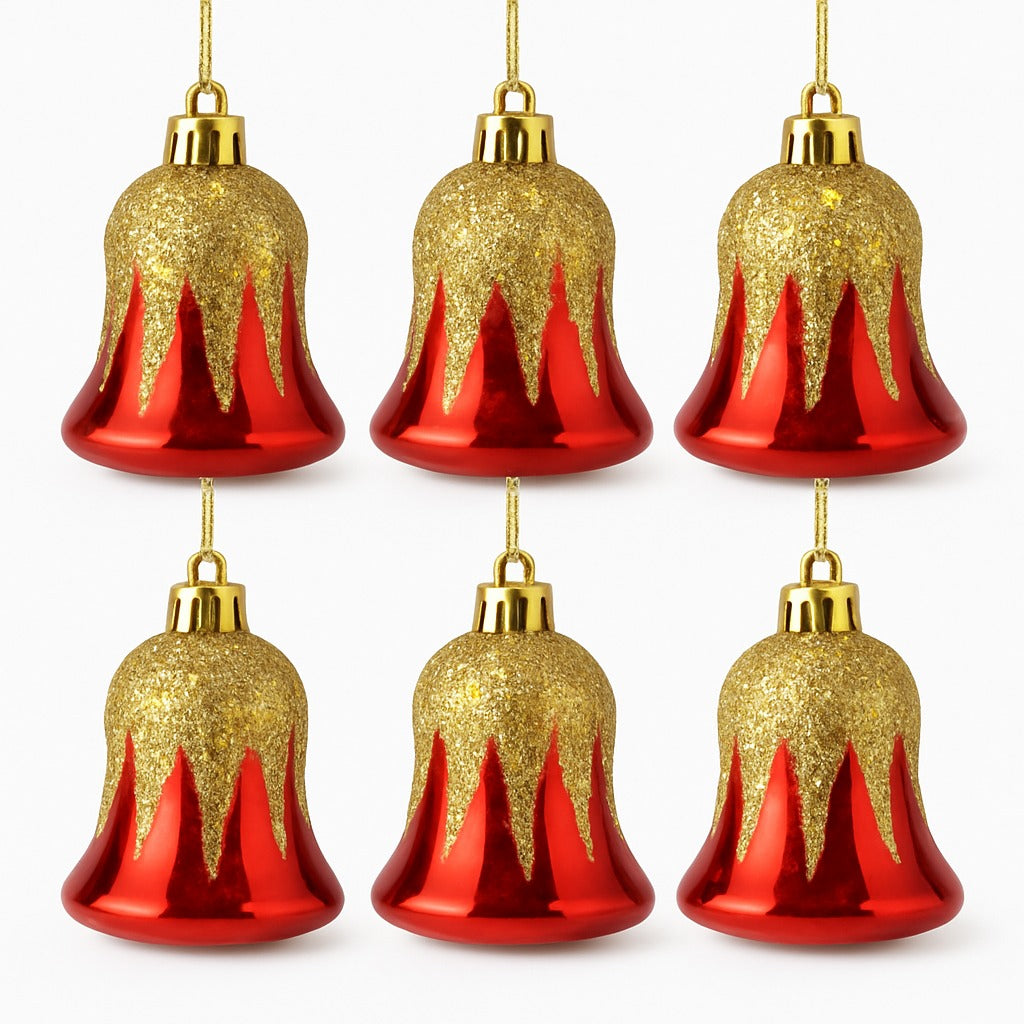 Christmas Red Bells with Golden Glitter Decoration - 6PC