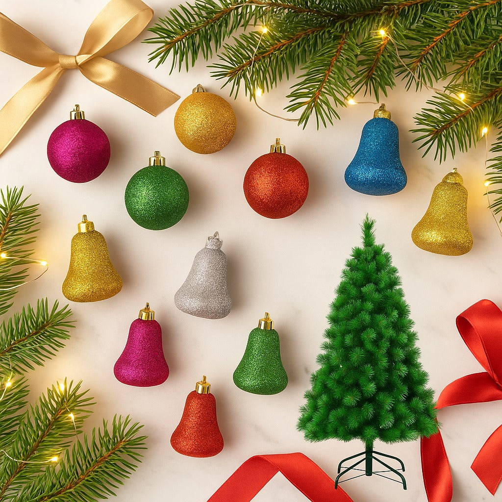 Christmas Glittery Ball & Bells for Xmas Tree Decoration Combo Kit - 12PC