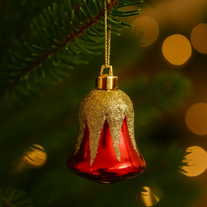 Christmas Red Bells with Golden Glitter Decoration - 6PC