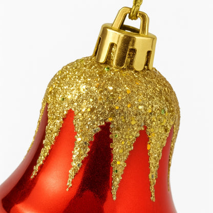 Christmas Red Bells with Golden Glitter Decoration - 6PC