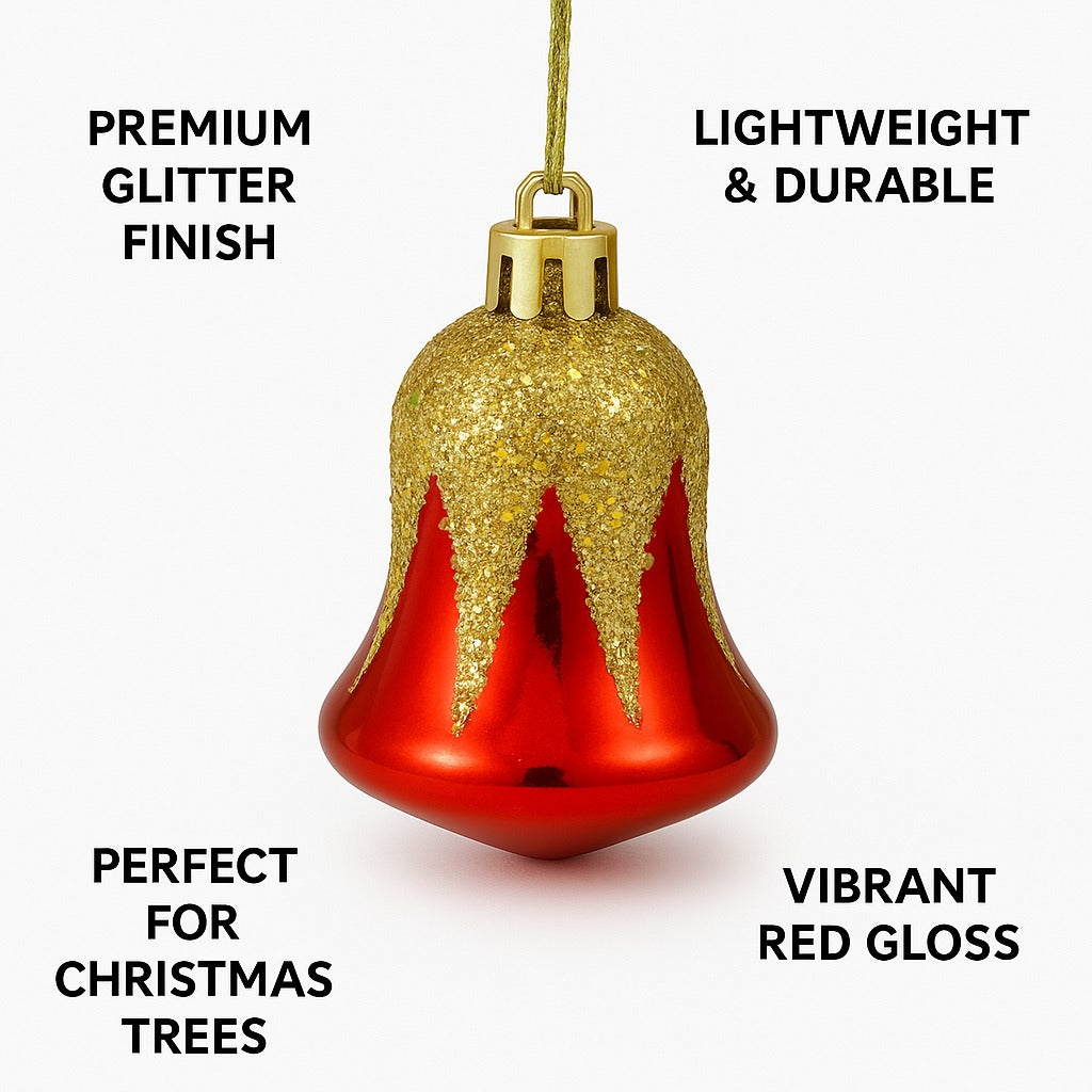 Christmas Red Bells with Golden Glitter Decoration - 6PC