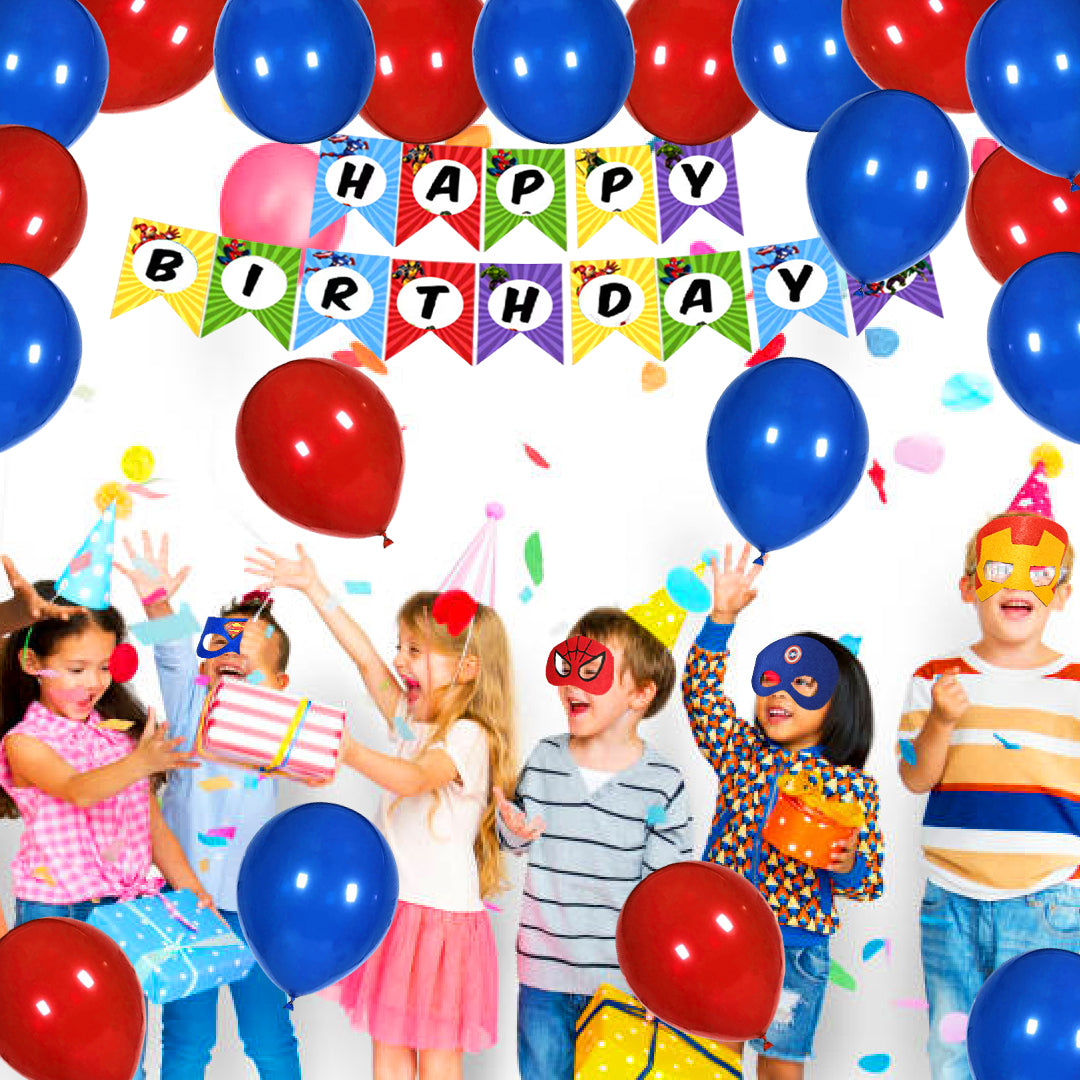 Superhero Themed Birthday Party Set Up with Maks & Multicolor Balloons - 27PC