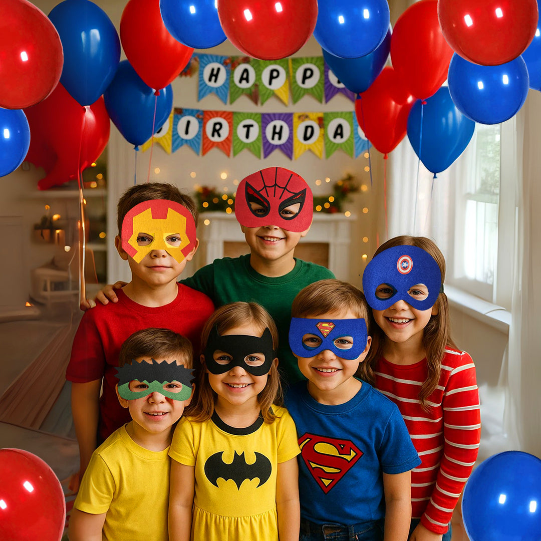 Superhero Themed Birthday Party Set Up with Maks & Multicolor Balloons - 27PC