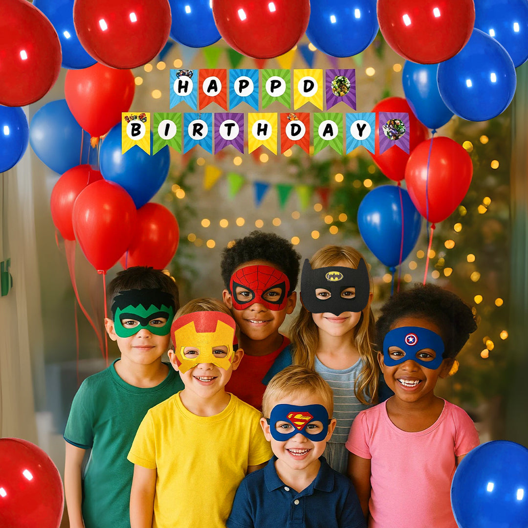 Superhero Themed Birthday Party Set Up with Maks & Multicolor Balloons - 27PC