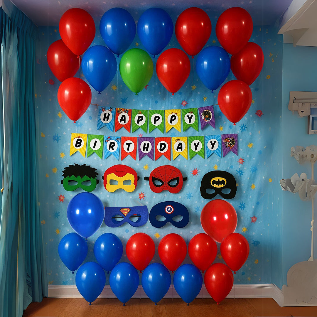 Superhero Themed Birthday Party Set Up with Maks & Multicolor Balloons - 27PC