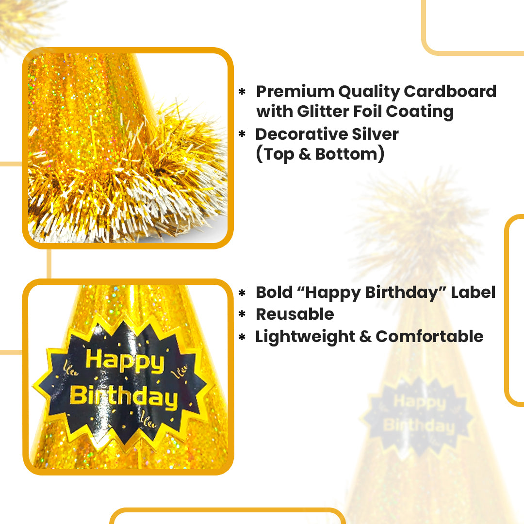 Happy Birthday Golden Glittery Hat with Fringe - 1PC