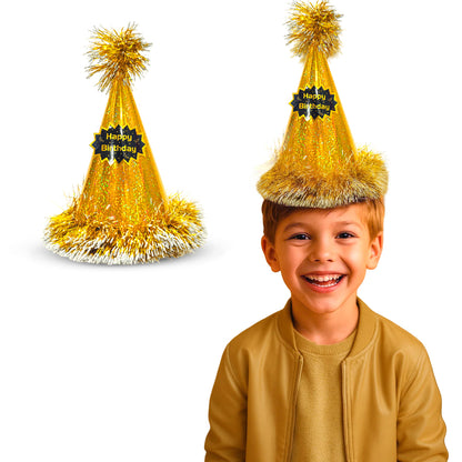 Happy Birthday Golden Glittery Hat with Fringe - 1PC