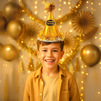 Happy Birthday Golden Glittery Hat with Fringe - 1PC