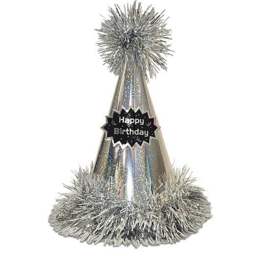 Happy Birthday Silver Glittery Hat with Fringe - 1PC