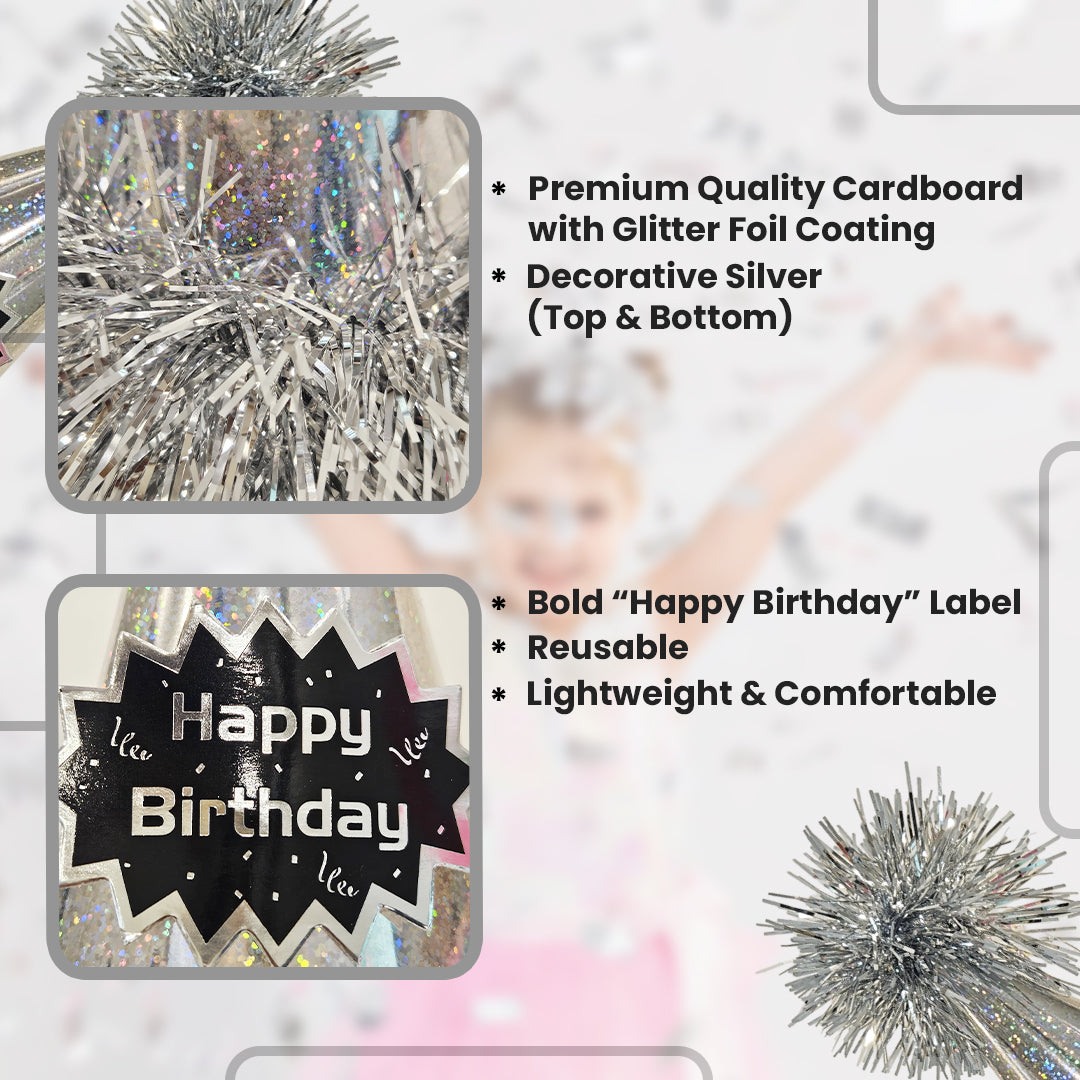 Happy Birthday Silver Glittery Hat with Fringe - 1PC