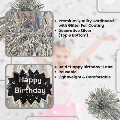Happy Birthday Silver Glittery Hat with Fringe - 1PC