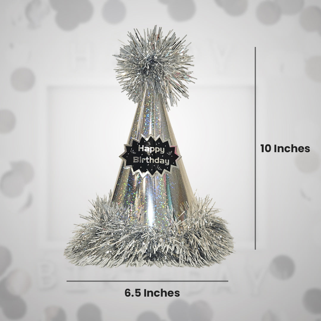 Happy Birthday Silver Glittery Hat with Fringe - 1PC