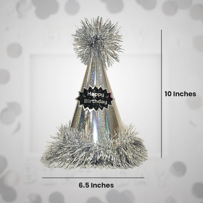 Happy Birthday Silver Glittery Hat with Fringe - 1PC