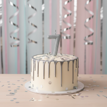 Silver glitter number 7 candle on white cake with silver drip and confetti