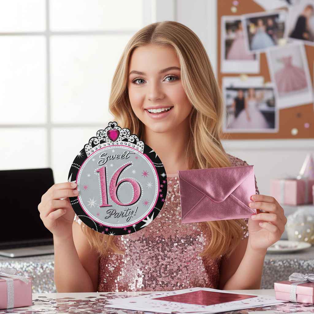Sweet 16 Jumbo Round Invitation with Pink Envelope