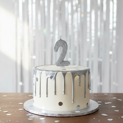 Silver glitter number 2 candle on white cake with silver drip and confetti