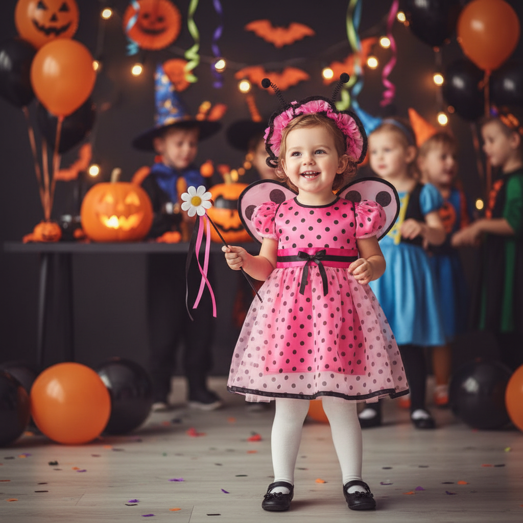 Adorable toddler girl in pink ladybug fancy dress costume with antennae headband at Halloween party