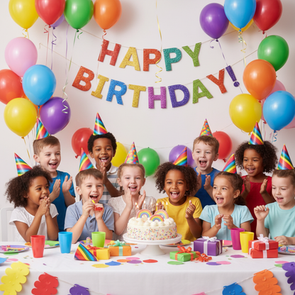 Rainbow Cone Party Hats worn by Kids at Colourful Birthday Party