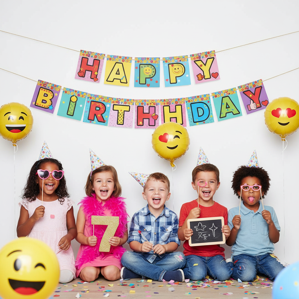 Emoji Happy Birthday letter banner used as photo booth backdrop with kids celebrating
