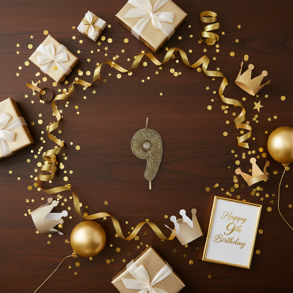 Golden glitter number 9 candle flat lay with gold ribbons gift boxes and golden party decor