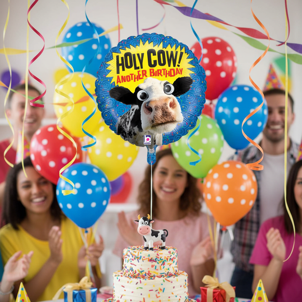 Holy Cow Another Birthday Foil Balloon at Birthday Party Setup