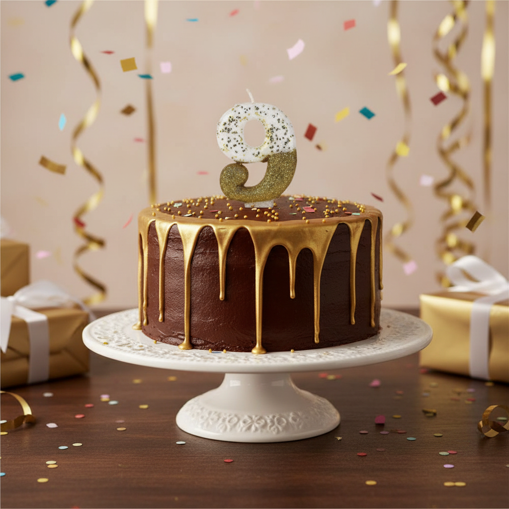 Semi glitter gold and white number 9 candle on chocolate cake with gold drip and confetti
