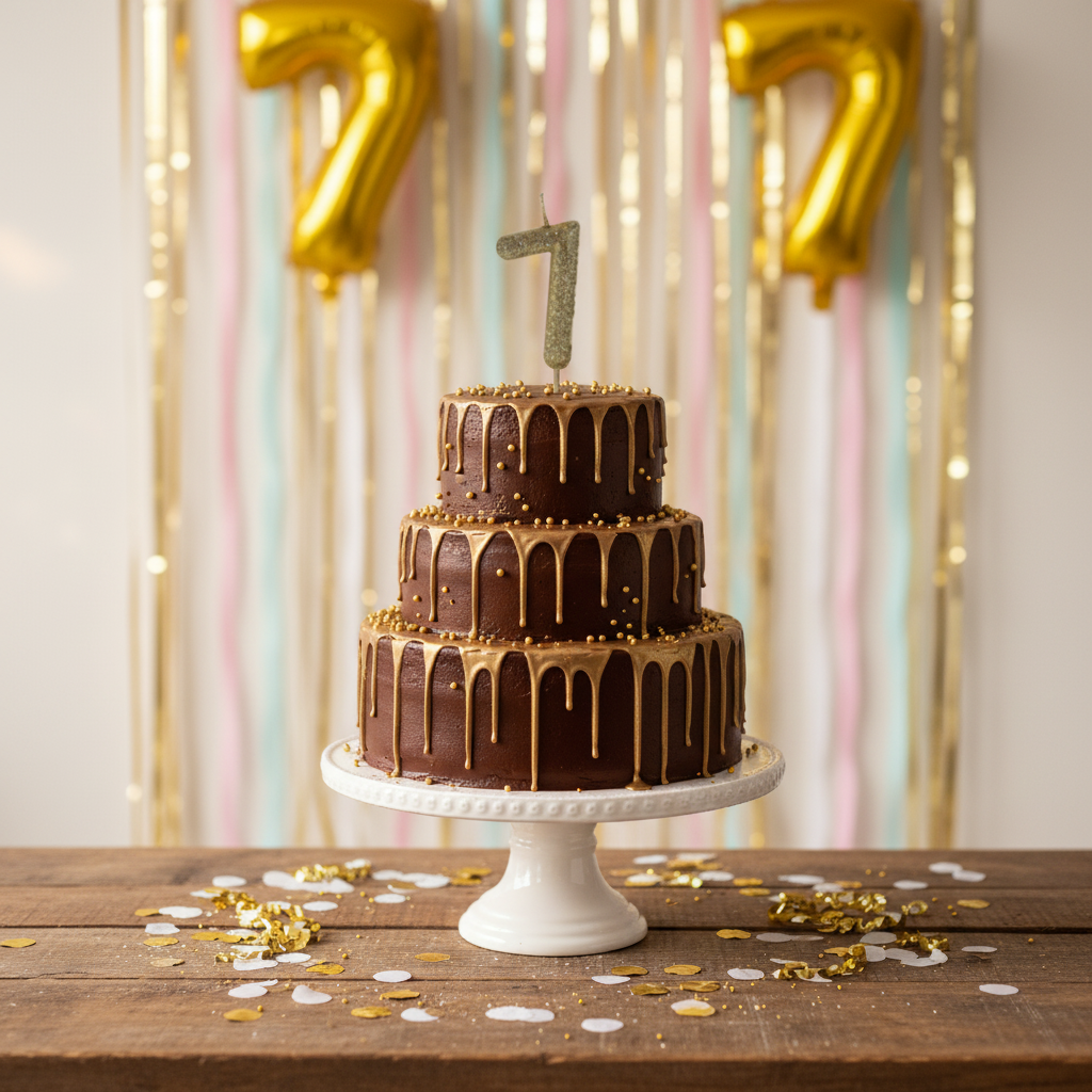 Golden glitter number 7 candle on chocolate cake with gold drip and confetti