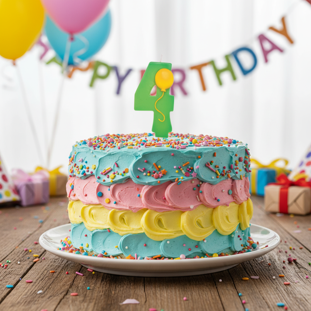 Green number 4 balloon candle on colorful birthday cake with frosting and sprinkles