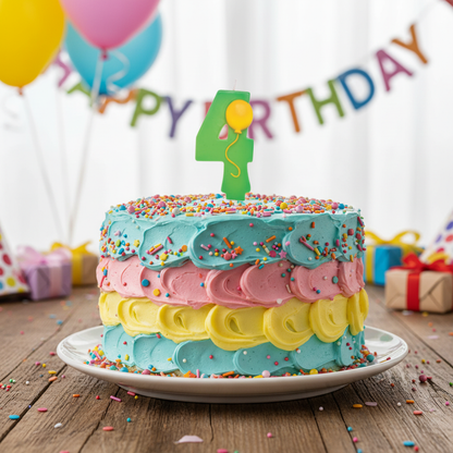 Green number 4 balloon candle on colorful birthday cake with frosting and sprinkles