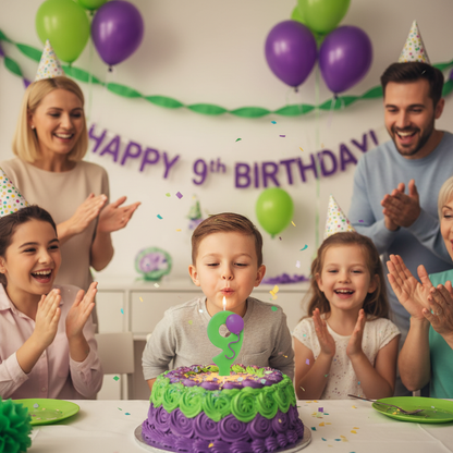 Child celebrating 9th birthday blowing green number 9 balloon candle on cake with family
