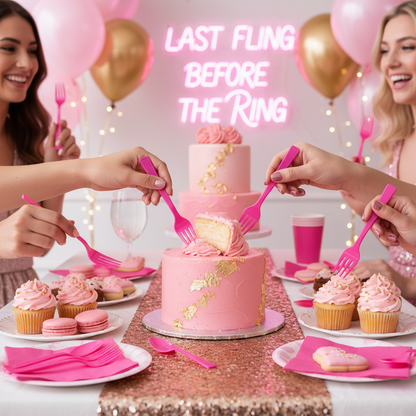 Hot pink plastic forks at glamorous bachelorette party dessert table with pink cake macarons and sweet treats