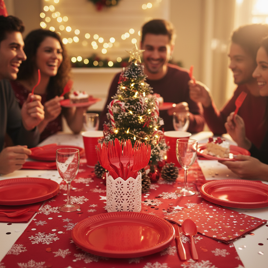 Red plastic forks on vibrant red and white Christmas holiday party table with red plates napkins and festive decorations
