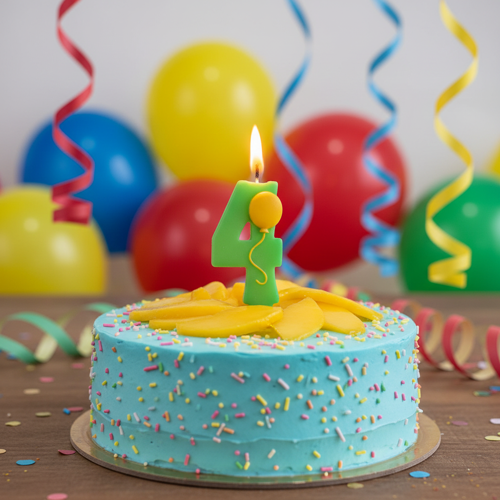 Green number 4 balloon candle lit and glowing on 4th birthday cake with colorful balloons