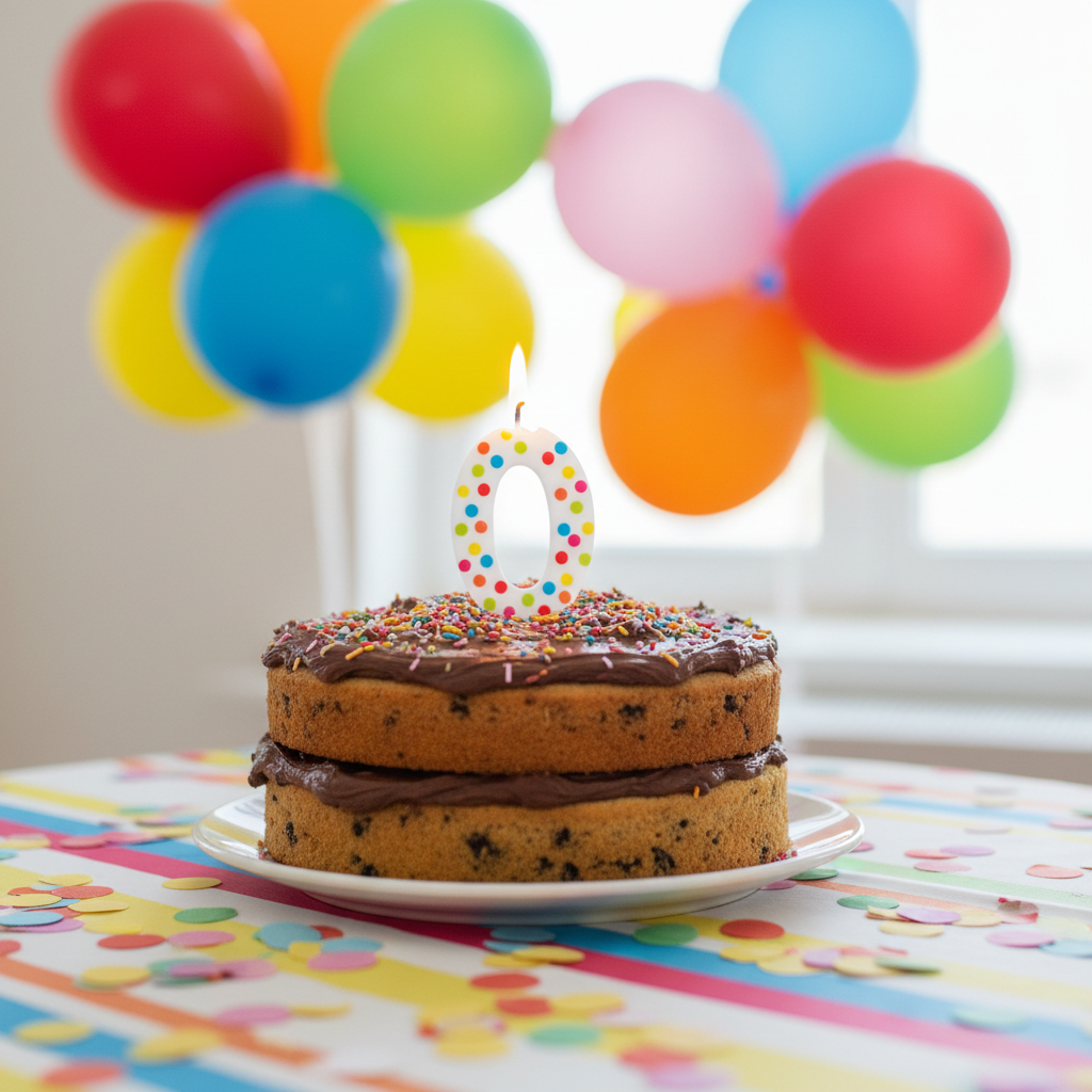 Multicolor polka dot number 0 candle on colorful cake with rainbow balloons and confetti
