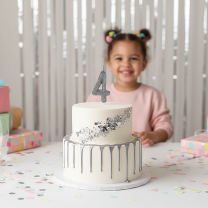 Silver glitter number 4 candle on white cake with silver drip and confetti