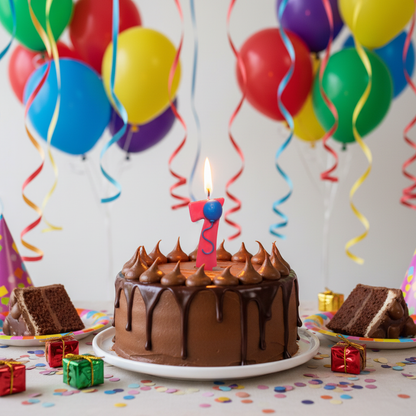 Red number 7 balloon candle lit and glowing on 7th birthday cake with colorful balloons