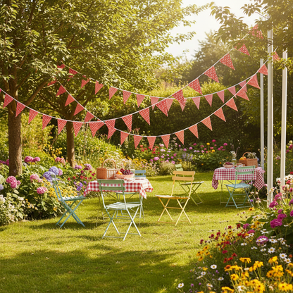 Red white polka dot bunting hung outdoors at garden party between trees with flowers
