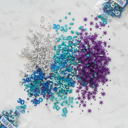 30th birthday confetti value pack flat lay showing blue teal and purple star and number confetti