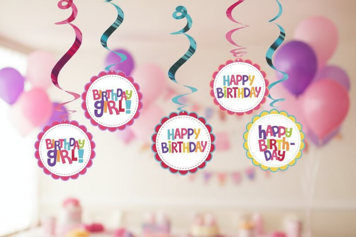 Birthday Girl Swirl Decoration hanging in party room