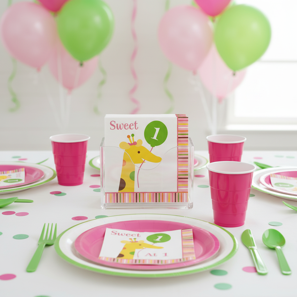 Sweet At 1 napkins in holder at complete 1st birthday party table setting
