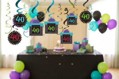 40th Birthday Swirl Decoration hanging in party room