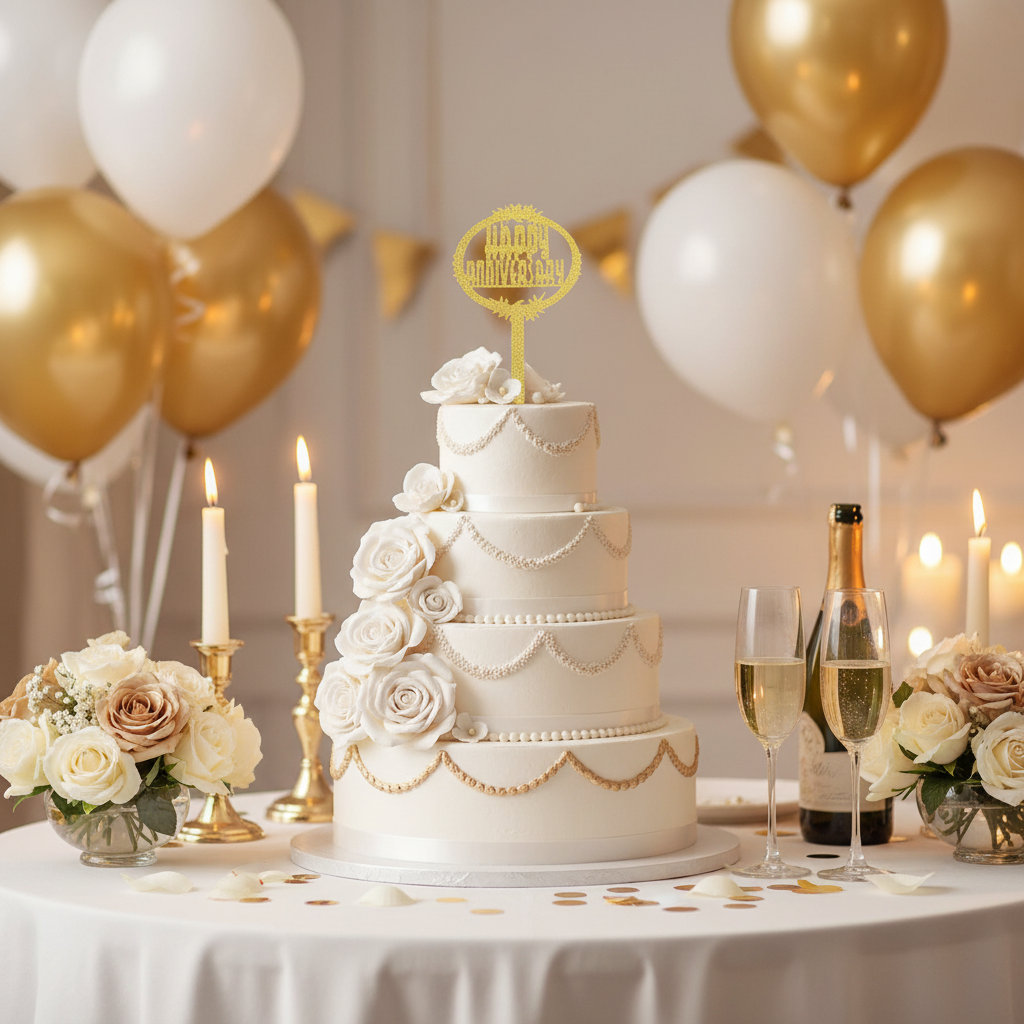 Happy Anniversary gold acrylic cake topper on tiered white cake with gold balloons and champagne