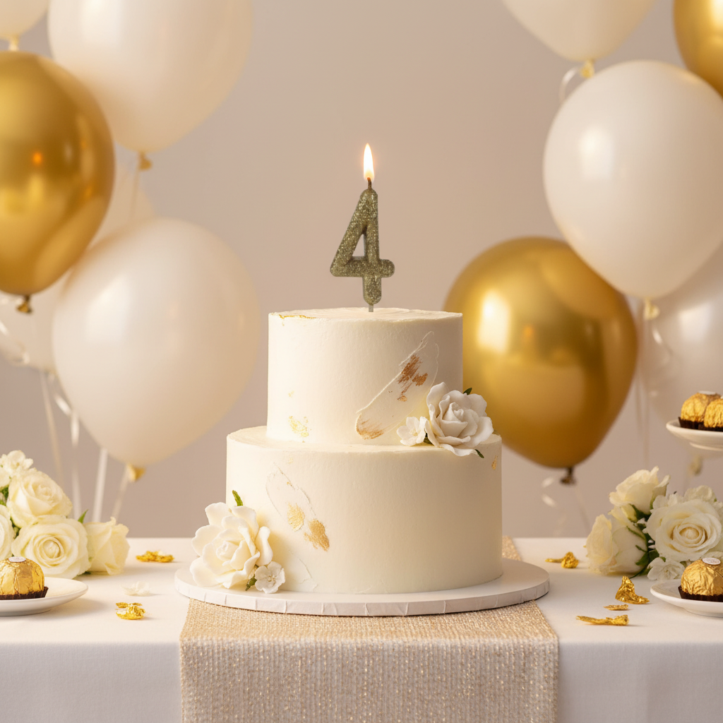Golden glitter number 4 candle lit on white frosted birthday cake with gold balloons