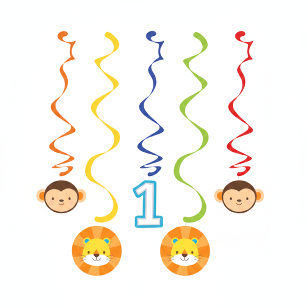One is Fun boy birthday swirl danglers 5PC flat lay on white background colorful spiral danglers with animal faces and number 1