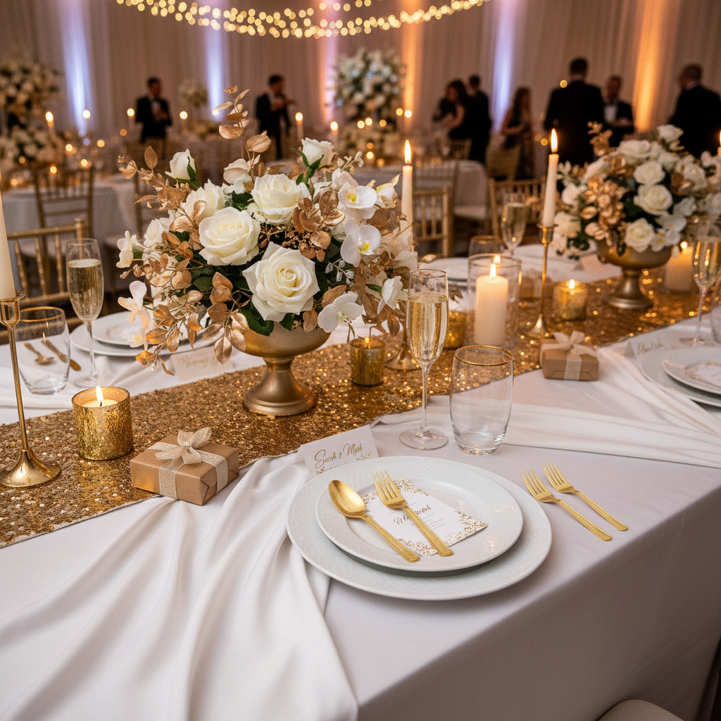 Elegant metallic gold plastic forks and spoon set on luxury party table with champagne glasses white tablecloth and floral centerpiece